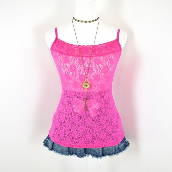 Y2K 00s Cosabella Hot Pink Sheer Mesh Floral Lace Spaghetti Strap Cami Top Sz M - Picture 1 of 6
